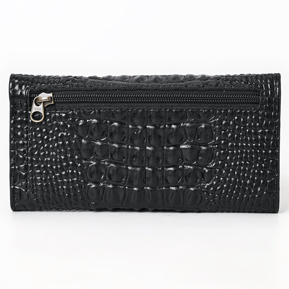 ADBG1745 Tooled Leather Floral Wallet Black Croc Embossed Base with Tan Hand-Carved Overlay