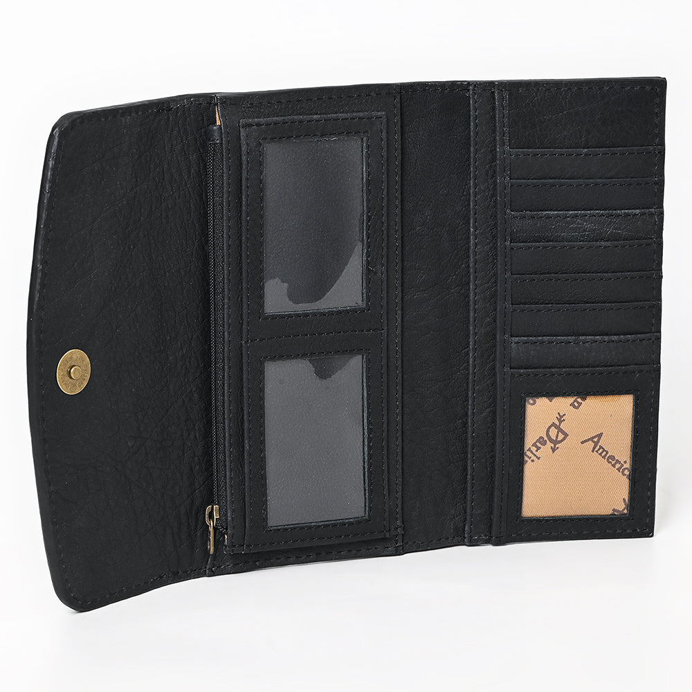 ADBG1745 Tooled Leather Floral Wallet Black Croc Embossed Base with Tan Hand-Carved Overlay