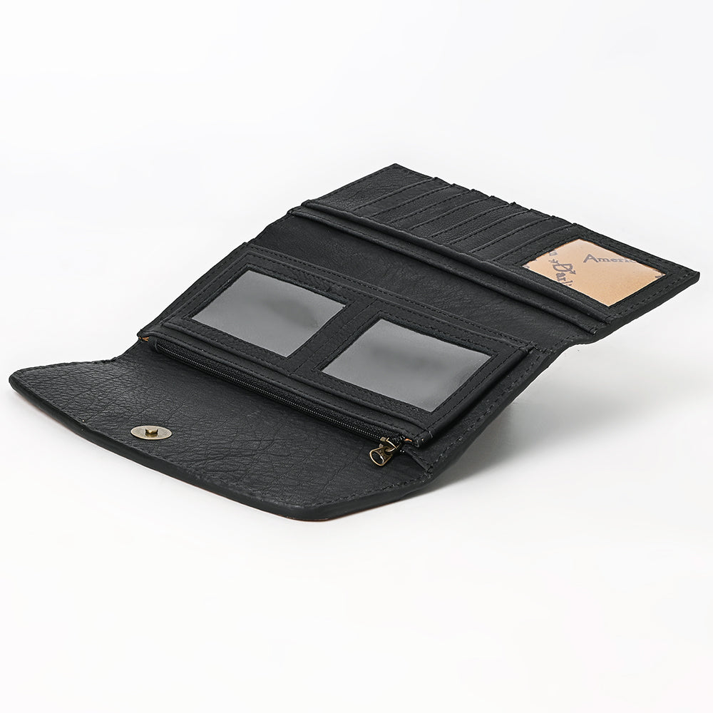 ADBG1745 Tooled Leather Floral Wallet Black Croc Embossed Base with Tan Hand-Carved Overlay