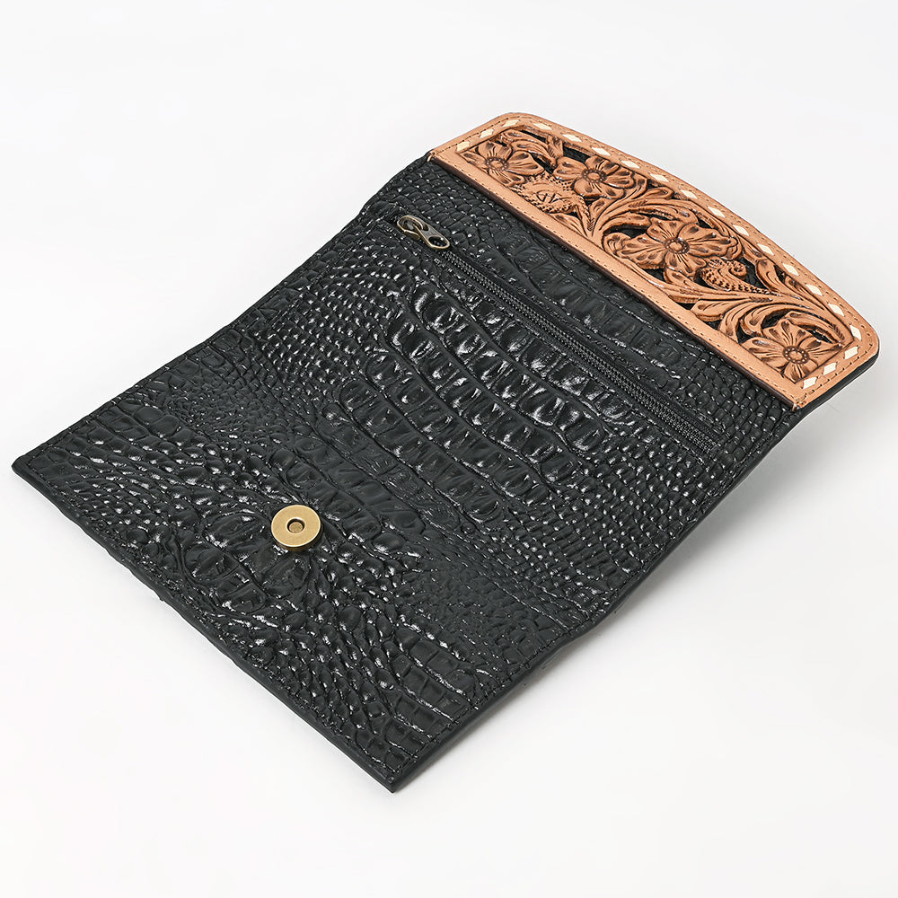 ADBG1745 Tooled Leather Floral Wallet Black Croc Embossed Base with Tan Hand-Carved Overlay