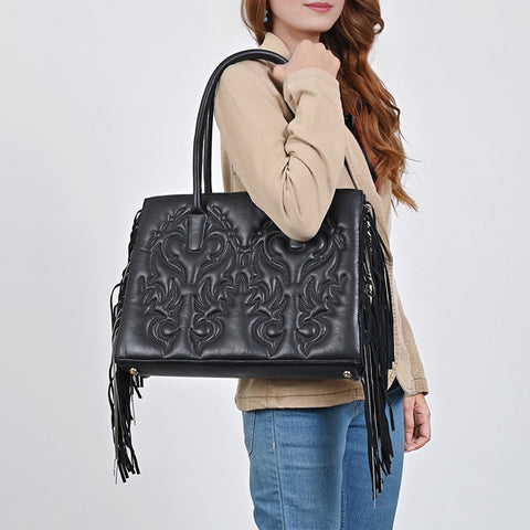 Genuine Leather Western Embossed Boho Fringe Shoulder Tote Handbag