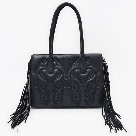 Genuine Leather Western Embossed Boho Fringe Shoulder Tote Handbag