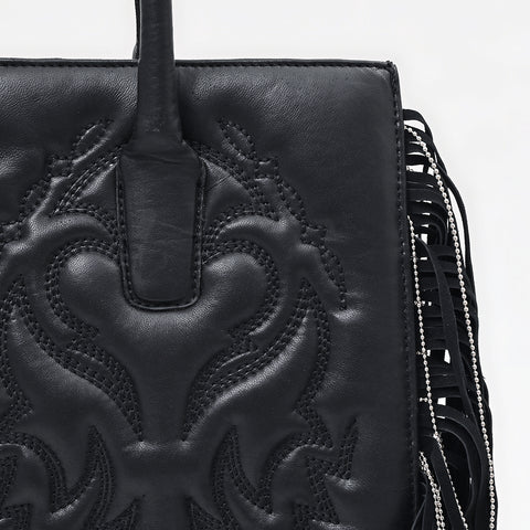 Genuine Leather Western Embossed Boho Fringe Shoulder Tote Handbag