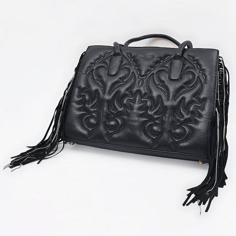 Genuine Leather Western Embossed Boho Fringe Shoulder Tote Handbag