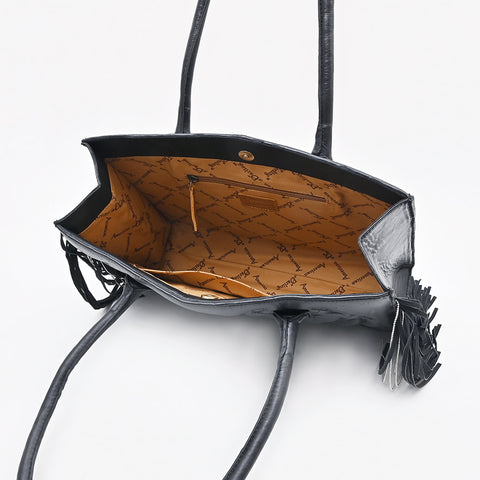Genuine Leather Western Embossed Boho Fringe Shoulder Tote Handbag