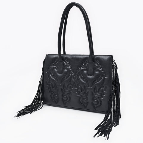 Genuine Leather Western Embossed Boho Fringe Shoulder Tote Handbag