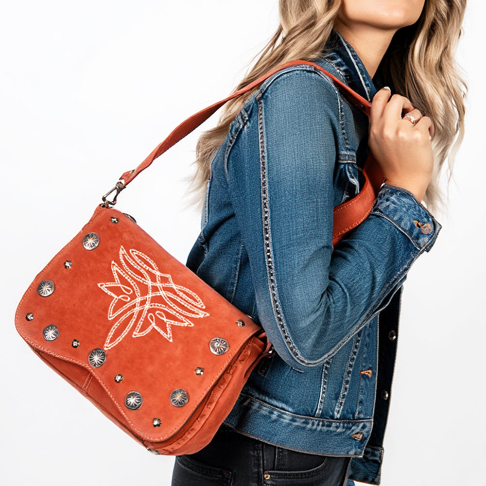ADBGA804 Western Rust Genuine suede Crossbody Bag with White Stitching and Concho Accents