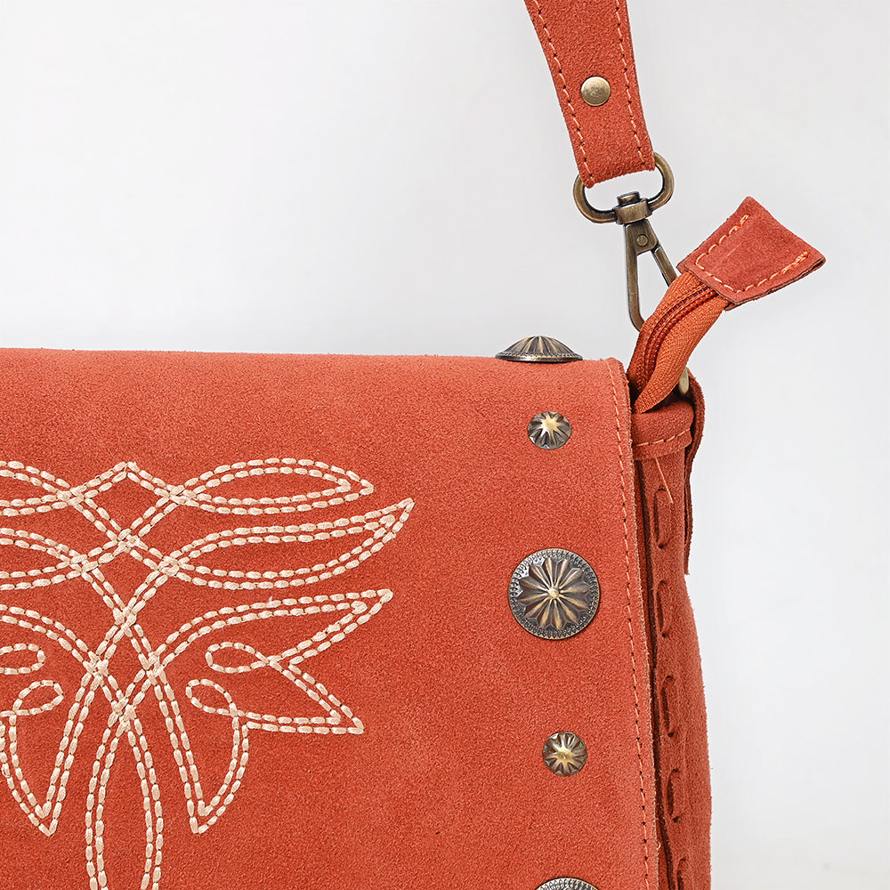 ADBGA804 Western Rust Genuine suede Crossbody Bag with White Stitching and Concho Accents