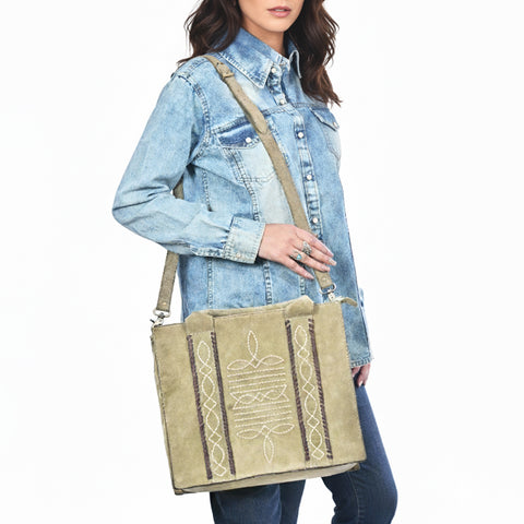 American Darling Boot Stitched Braided Genuine Suede Leather Tote Bag