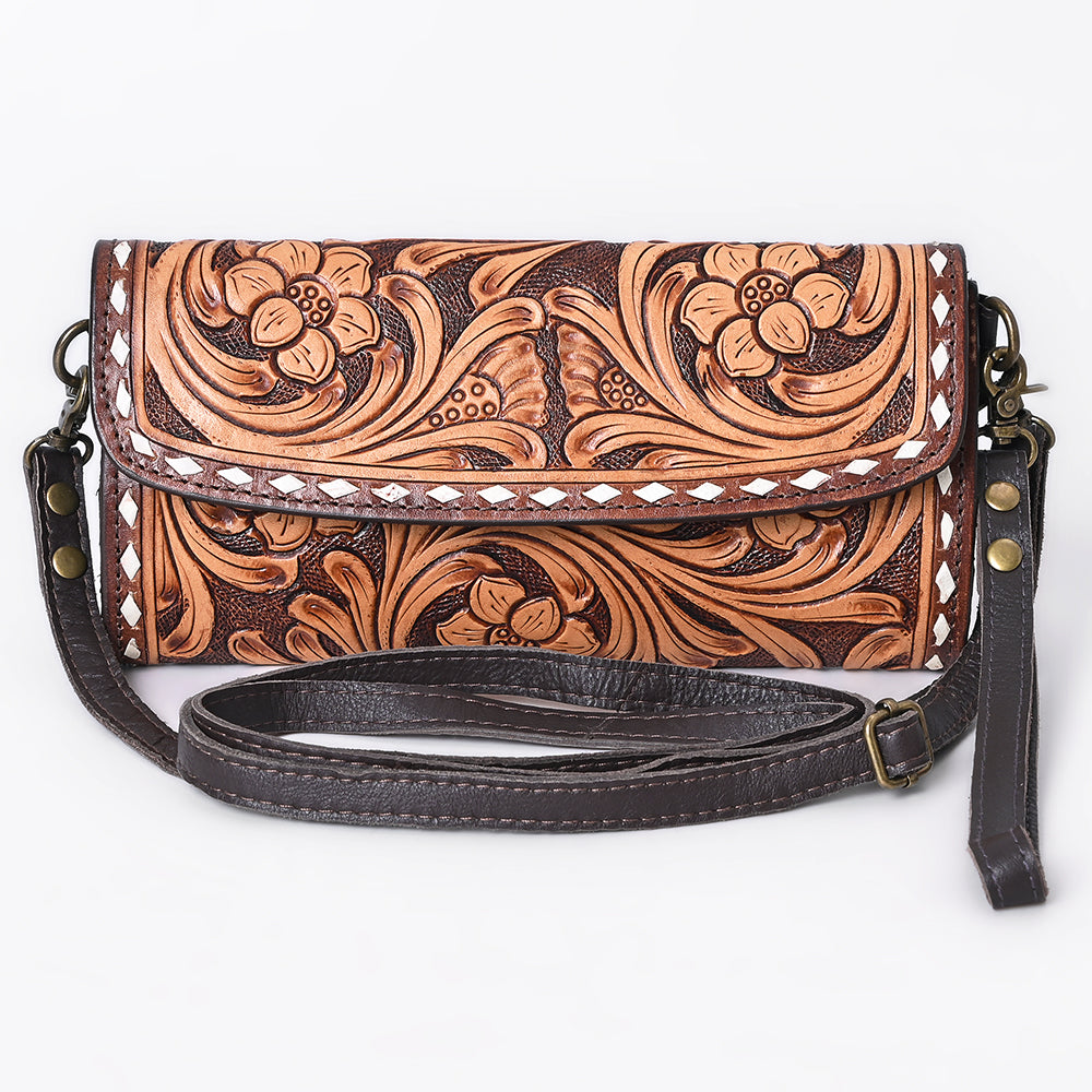 ADBGA808 Tooled Leather Floral Clutch Crossbody - Western Hand-Carved Convertible Purse