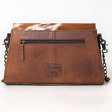 Genuine cowhide leather crossbody bag with brown and white tri-color pattern, fringe tassel, and antique brass chain strap

