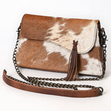 Genuine cowhide leather crossbody bag with brown and white tri-color pattern, fringe tassel, and antique brass chain strap

