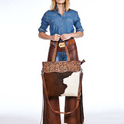 American Darling Hand Tooled Floral Leather Tote Bag with Hair-On Cowhide and Fringes