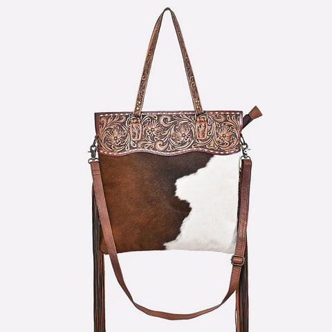 American Darling Hand Tooled Floral Leather Tote Bag with Hair-On Cowhide and Fringes