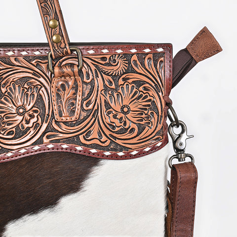 American Darling Hand Tooled Floral Leather Tote Bag with Hair-On Cowhide and Fringes