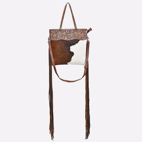 American Darling Hand Tooled Floral Leather Tote Bag with Hair-On Cowhide and Fringes