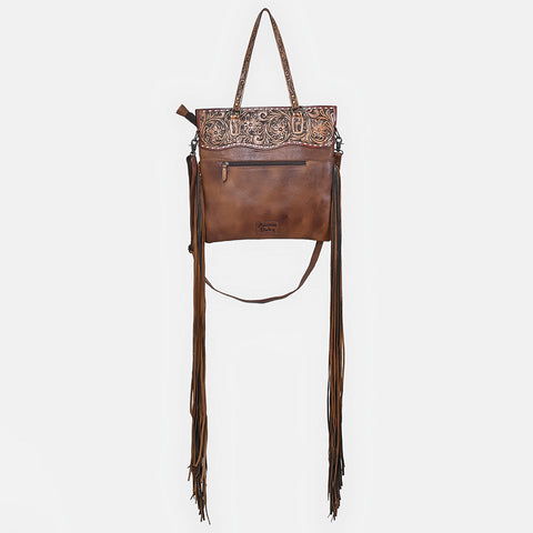 American Darling Hand Tooled Floral Leather Tote Bag with Hair-On Cowhide and Fringes