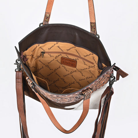 American Darling Hand Tooled Floral Leather Tote Bag with Hair-On Cowhide and Fringes