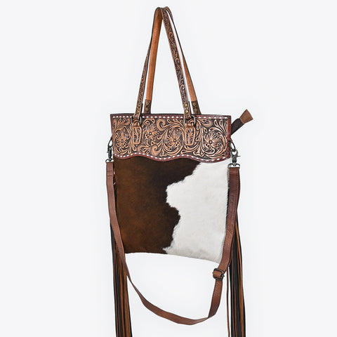 American Darling Hand Tooled Floral Leather Tote Bag with Hair-On Cowhide and Fringes
