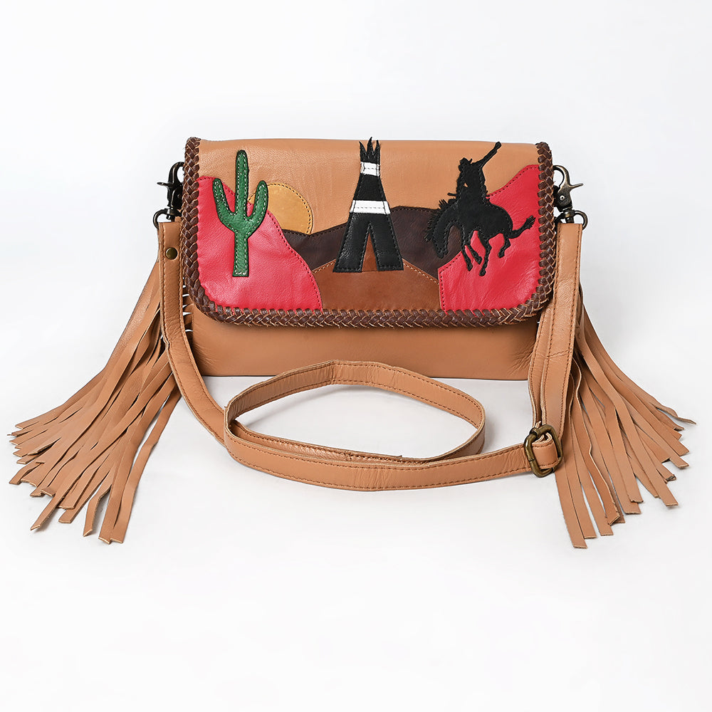ADBGM720 Western Applique Fringe Clutch - Multicolor Desert Scene Crossbody Bag with Teepee & Cowboy Design
