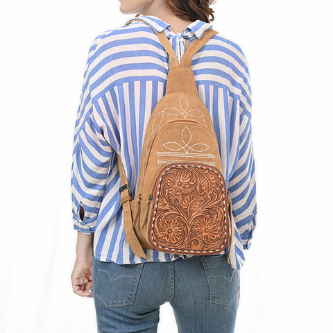 American Darling Genuine Suede Leather Sling Bag with Hand Tooled Floral Front & Buck Stitch Details