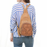 ADBG1573 Suede Sling Bag - Floral Tooled Leather Pocket