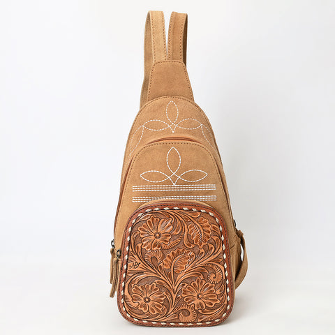 American Darling Genuine Suede Leather Sling Bag with Hand Tooled Floral Front & Buck Stitch Details