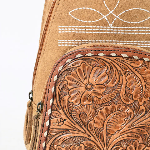 American Darling Genuine Suede Leather Sling Bag with Hand Tooled Floral Front & Buck Stitch Details