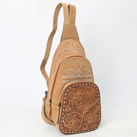 American Darling Genuine Suede Leather Sling Bag with Hand Tooled Floral Front & Buck Stitch Details