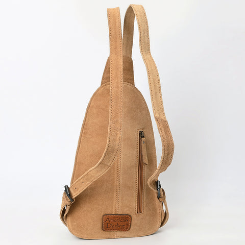 American Darling Genuine Suede Leather Sling Bag with Hand Tooled Floral Front & Buck Stitch Details