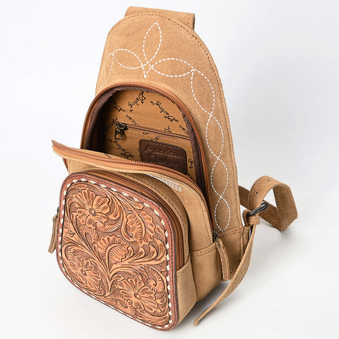 American Darling Genuine Suede Leather Sling Bag with Hand Tooled Floral Front & Buck Stitch Details