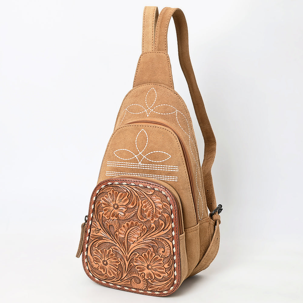 ADBG1573 Genuine suede Sling Bag - Floral Tooled Leather Pocket