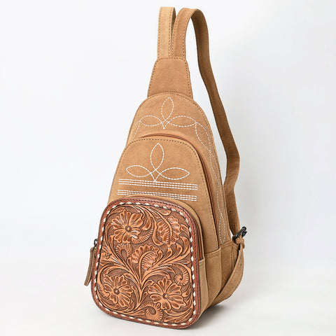 American Darling Genuine Suede Leather Sling Bag with Hand Tooled Floral Front & Buck Stitch Details