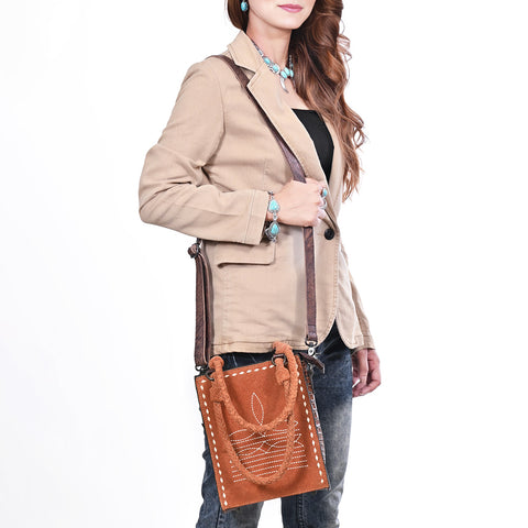 American Darling Western Genuine Suede Tote Bag with Boot Stitching and Crocodile Embossed Back