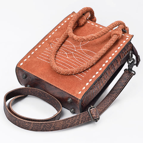 American Darling Western Genuine Suede Tote Bag with Boot Stitching and Crocodile Embossed Back