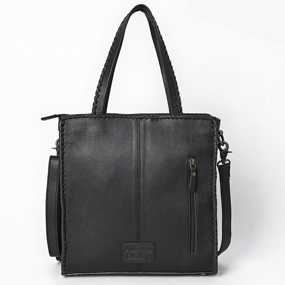 ADBG1751 Black & White Cowhide Leather Tote Bag with Silver Stud Accents and Concho Tassel