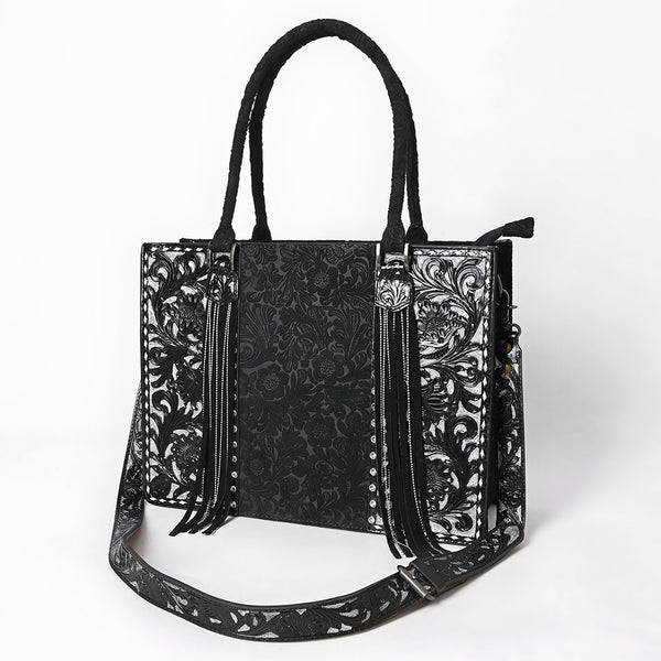 ADBG1753 Black Tooled Leather Tote Bag with Silver Floral Design & Fringe Accents