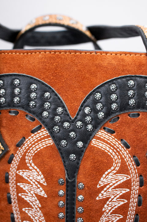 American Darling Western Genuine Suede Tote Bag with Boot Stitching and Rivet Accents