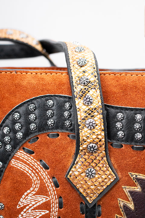 American Darling Western Genuine Suede Tote Bag with Boot Stitching and Rivet Accents