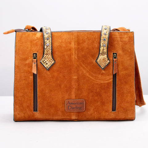 American Darling Western Genuine Suede Tote Bag with Boot Stitching and Rivet Accents