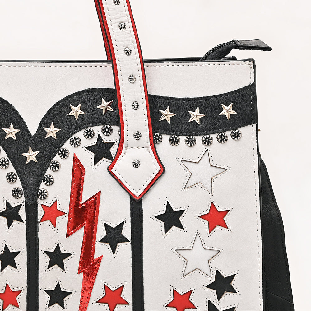 ADBG1757 White Western Boot-Inspired Tote Bag with Lightning Bolts & Star Accents