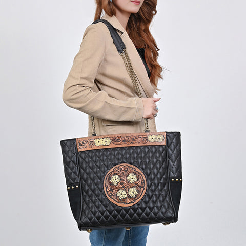 American Darling Hand Tooled Leather Tote Bag Quilted Floral Carved