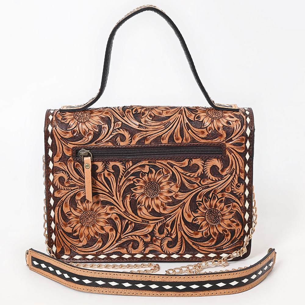 ADBGA822 Tooled Leather Sunflower Handbag - Western Floral Purse with Top Handle & Chain Strap