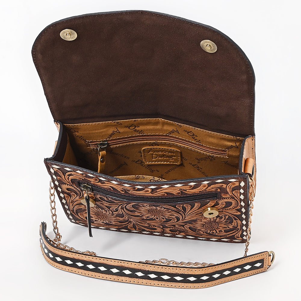 ADBGA822 Tooled Leather Sunflower Handbag - Western Floral Purse with Top Handle & Chain Strap
