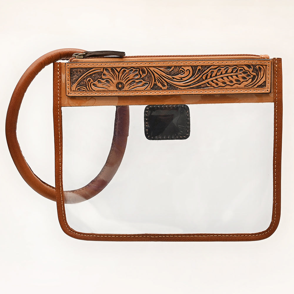 ADBG1762 Clear Stadium-Approved Western Wristlet with Tooled Leather Trim American Darling Game Day Bag