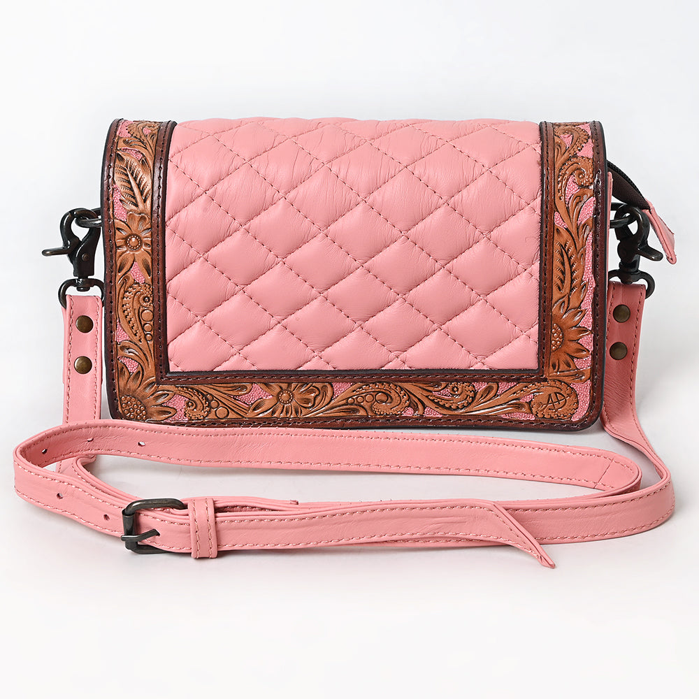 ADBG1673A Pink Quilted Leather Organiser Bag with Tooled Floral Border - American Darling
