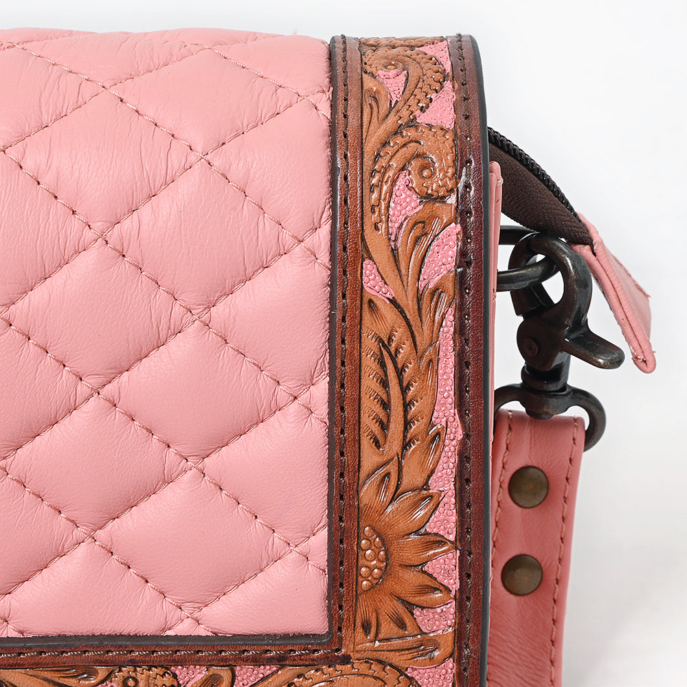 ADBG1673A Pink Quilted Leather Organiser Bag with Tooled Floral Border - American Darling