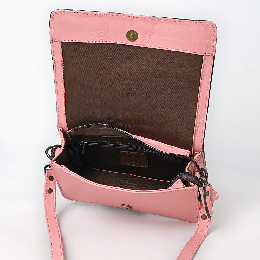 ADBG1673A Pink Quilted Leather Organiser Bag with Tooled Floral Border - American Darling