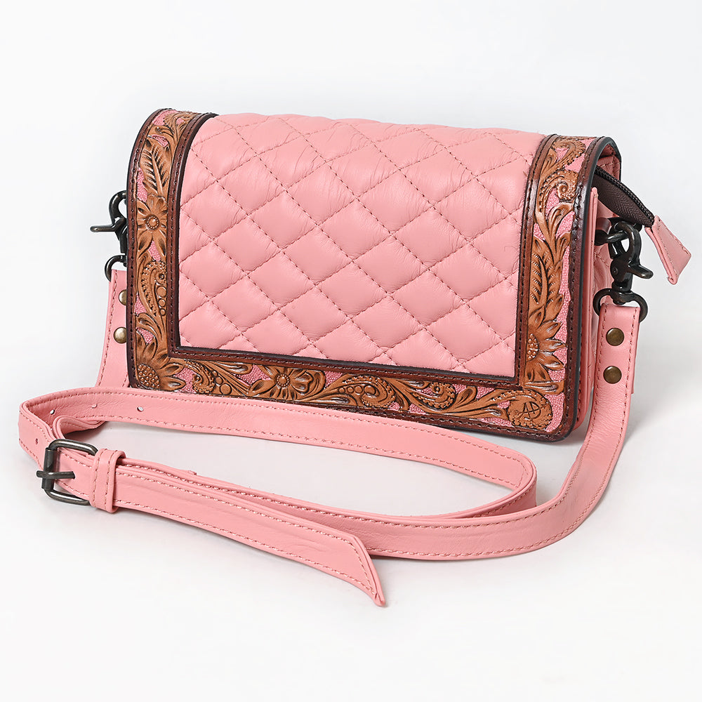 ADBG1673A Pink Quilted Leather Organiser Bag with Tooled Floral Border - American Darling