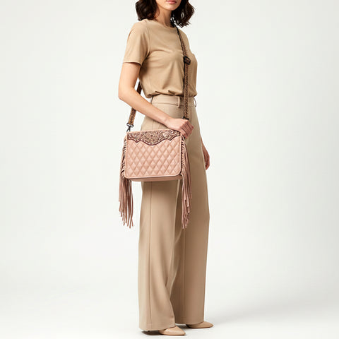 American Darling Quilted Genuine Leather Crossbody Bag with Hand-Tooled Details and Fringes